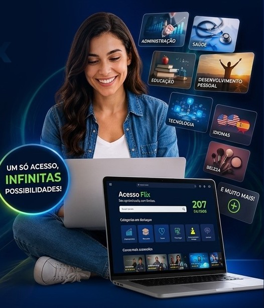 Aluna estudando no notebook com os cursos do Acesso Flix ao redor